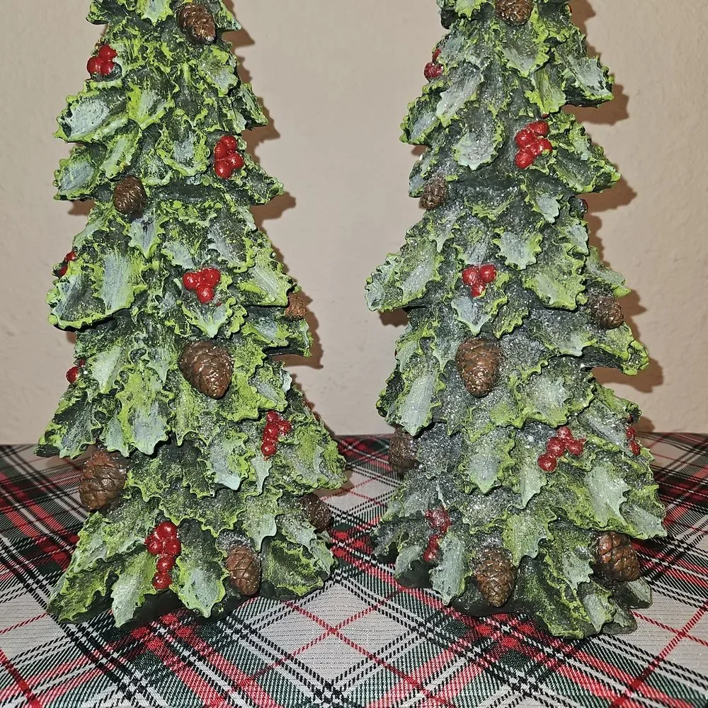 Set Of 2 Elegant Holly & Berry Evergreen Holiday Resin Tree Decor